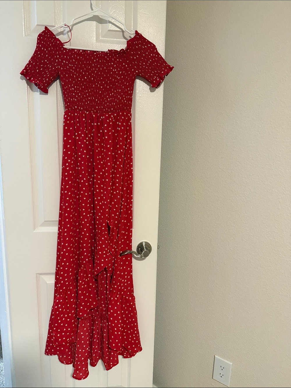 Francesca's Collections Red Smocked Maxi with Heart Print
